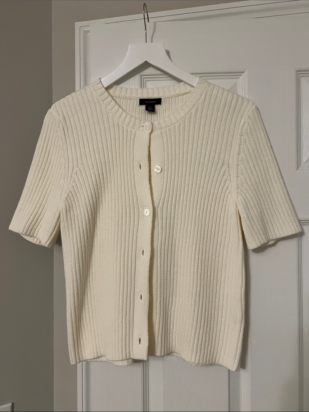 Halogen Cream Ribbed Short-Sleeve Button-Down Top